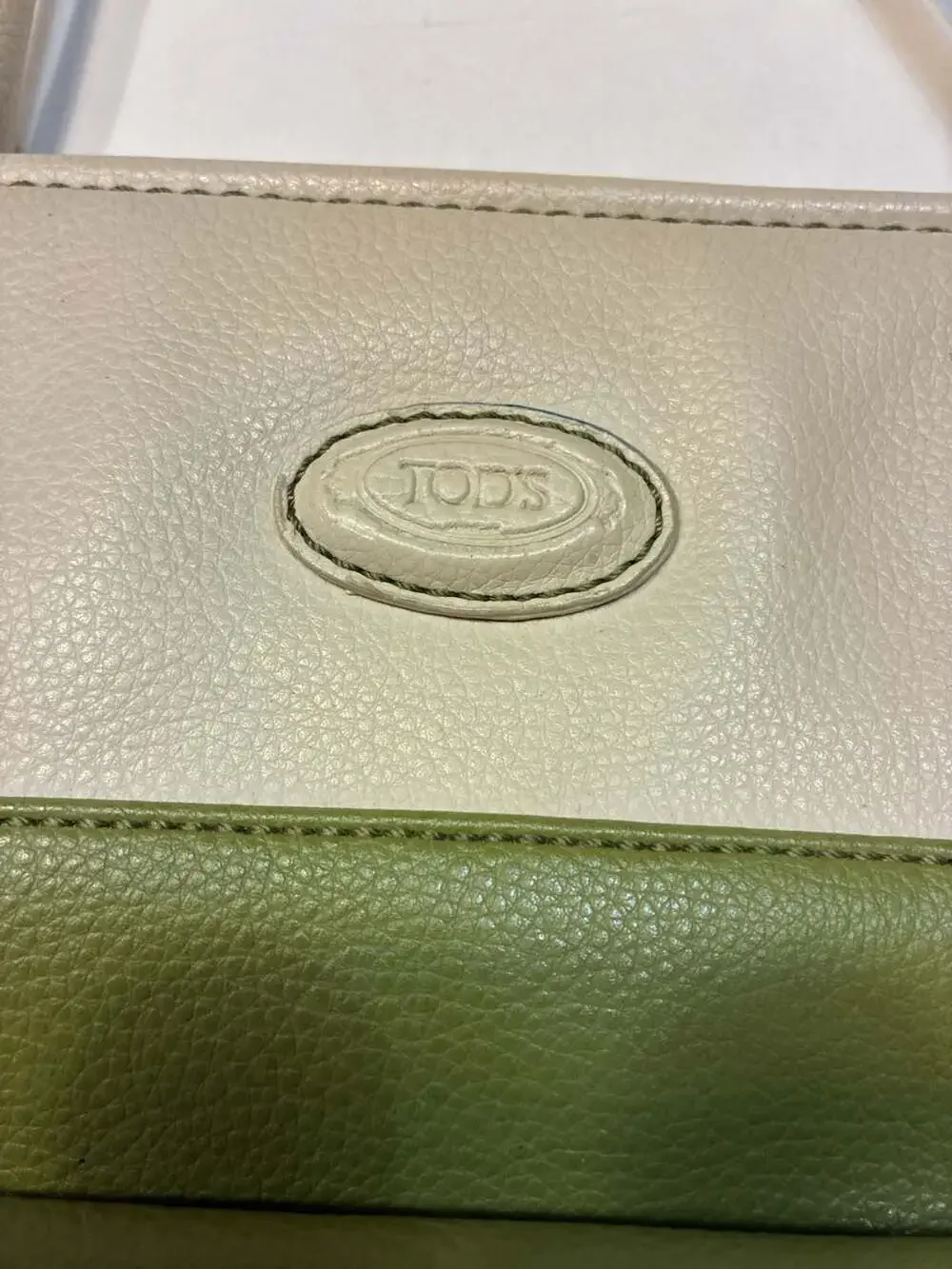 Tod's Two-Tone Green and Beige Leather Tote Shoulder Bag with Turnlock